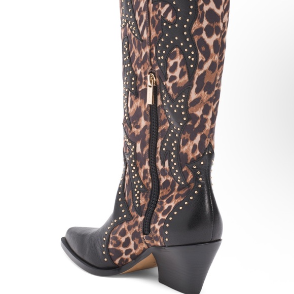 Leopard Print Knee-High Boots with Black Accents size 12 western country leopard - Picture 2 of 3